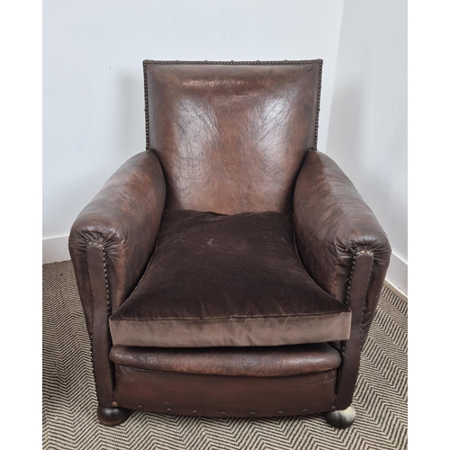 222 - CLUB ARMCHAIRS, a pair, brown leather with velvet seats, each 85cm x 84cm H. (2)