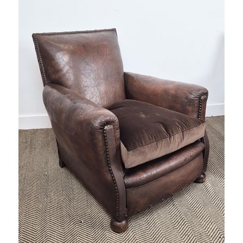 222 - CLUB ARMCHAIRS, a pair, brown leather with velvet seats, each 85cm x 84cm H. (2)