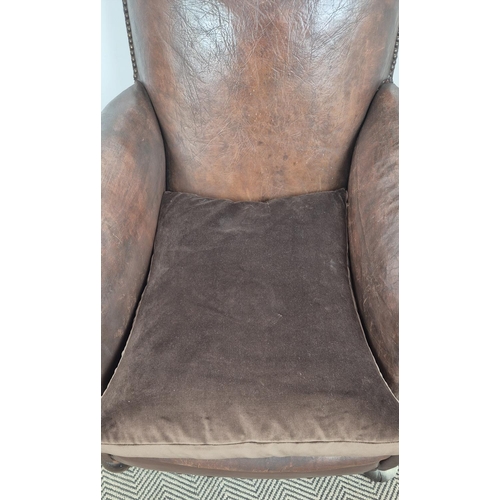 222 - CLUB ARMCHAIRS, a pair, brown leather with velvet seats, each 85cm x 84cm H. (2)