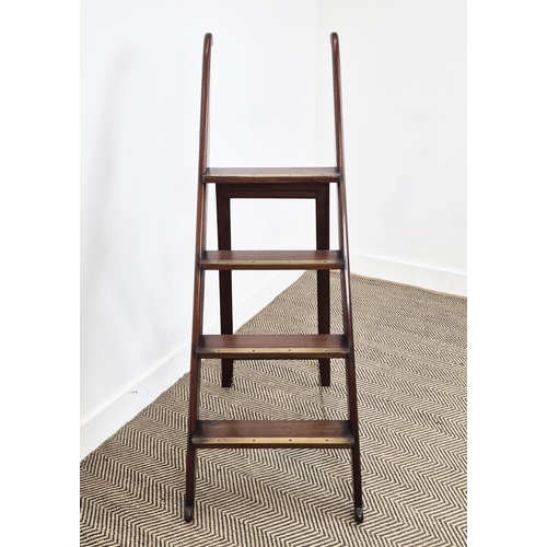 223 - FOLDING LIBRARY STEPS, mahogany with four brass bound treads, 47cm W x 67cm D  x 123cm H.