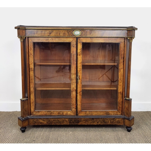 229 - VICTORIAN WALNUT DISPLAY CABINET, with gilt detail, decorative columns and porcelain plaque detail, ... 