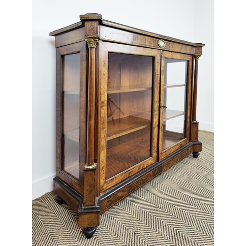 229 - VICTORIAN WALNUT DISPLAY CABINET, with gilt detail, decorative columns and porcelain plaque detail, ... 