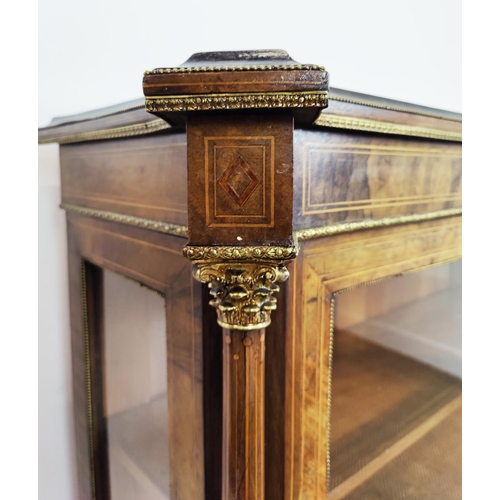 229 - VICTORIAN WALNUT DISPLAY CABINET, with gilt detail, decorative columns and porcelain plaque detail, ... 