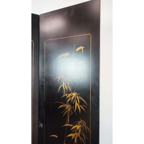 230 - FOUR PANEL CHINESE SCREEN, black and gilt, each panel 45cm W x 200cm H, of recent manufacture.