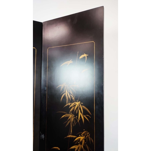 230 - FOUR PANEL CHINESE SCREEN, black and gilt, each panel 45cm W x 200cm H, of recent manufacture.