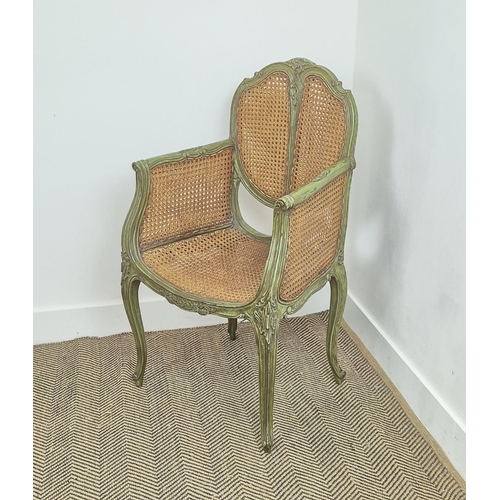 233 - BERGERE, late 19th century French green painted and caned, with carved floral detail, 53cm W x 45cm ... 