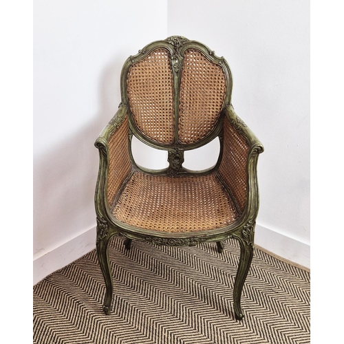 233 - BERGERE, late 19th century French green painted and caned, with carved floral detail, 53cm W x 45cm ... 