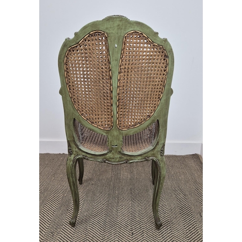 233 - BERGERE, late 19th century French green painted and caned, with carved floral detail, 53cm W x 45cm ... 