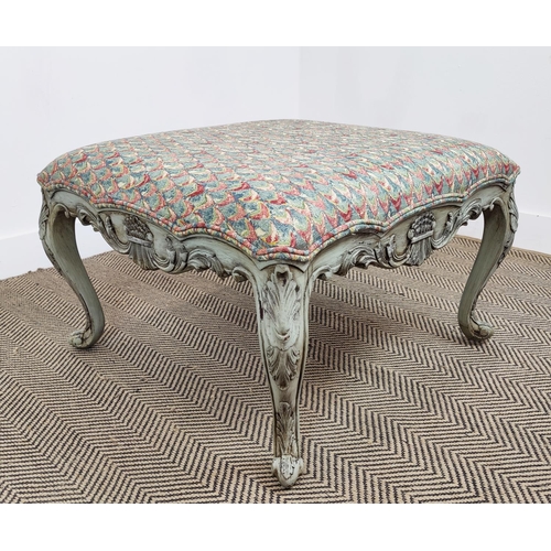 235 - STOOL, Georgian style grey painted with square patterned upholstery, 42cm H x 70cm W.