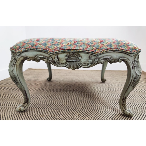 235 - STOOL, Georgian style grey painted with square patterned upholstery, 42cm H x 70cm W.