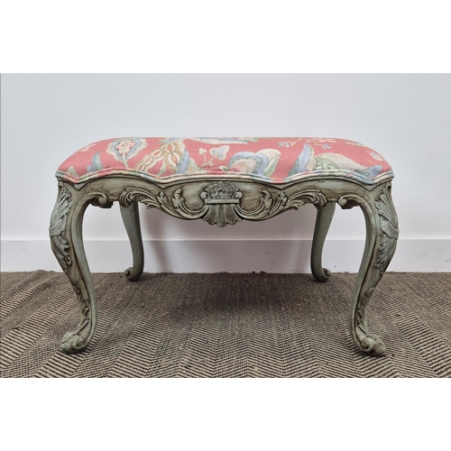 236 - STOOL, Georgian style grey painted with square pink floral upholstery, 42cm H x 70cm W.