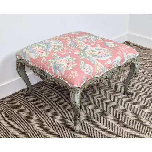 236 - STOOL, Georgian style grey painted with square pink floral upholstery, 42cm H x 70cm W.