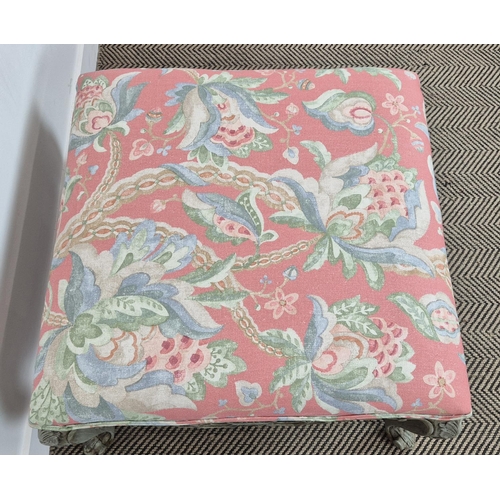 236 - STOOL, Georgian style grey painted with square pink floral upholstery, 42cm H x 70cm W.