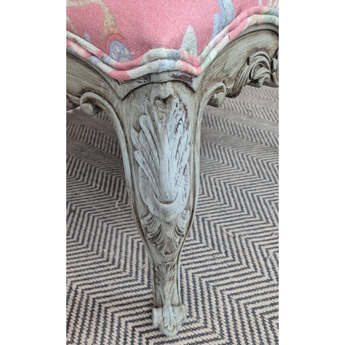 236 - STOOL, Georgian style grey painted with square pink floral upholstery, 42cm H x 70cm W.