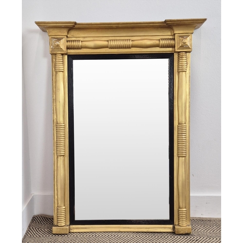 237 - PIER MIRROR, 19th century giltwood and ebonised with pilaster frame, 96cm H x 74cm W.