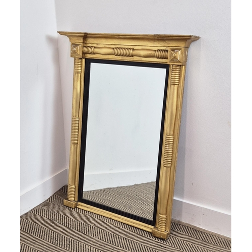 237 - PIER MIRROR, 19th century giltwood and ebonised with pilaster frame, 96cm H x 74cm W.