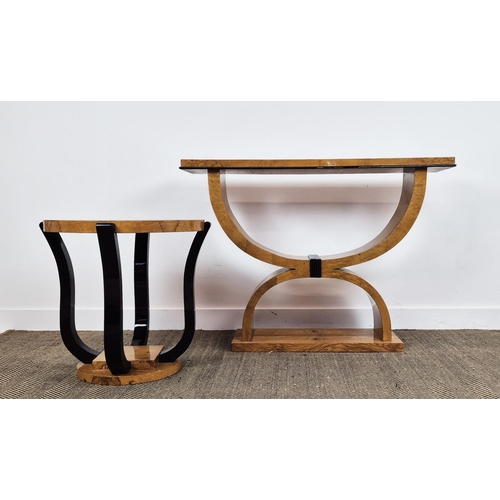 238 - CONSOLE TABLE, Art Deco style burr walnut and ebonised, 87cm H x 122cm W x 31cm D and similar circul... 