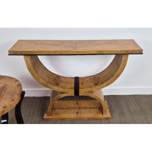 238 - CONSOLE TABLE, Art Deco style burr walnut and ebonised, 87cm H x 122cm W x 31cm D and similar circul... 