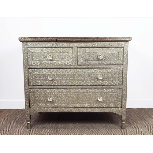 247 - CHEST, Indian embossed metal clad with four drawers, 93cm H x 107cm W x 49cm D.