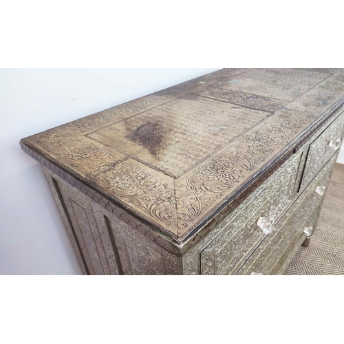 247 - CHEST, Indian embossed metal clad with four drawers, 93cm H x 107cm W x 49cm D.