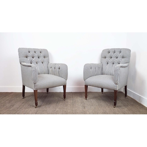 249 - ARMCHAIRS, a pair, Edwardian mahogany and line inlaid with ticking upholstery and brass castors, 93c... 