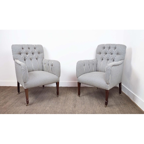 249 - ARMCHAIRS, a pair, Edwardian mahogany and line inlaid with ticking upholstery and brass castors, 93c... 