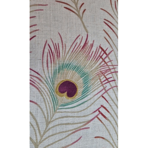 250 - SOFA, grey painted with peacock feather patterned material and magenta velvet, 101cm H x 127cm.