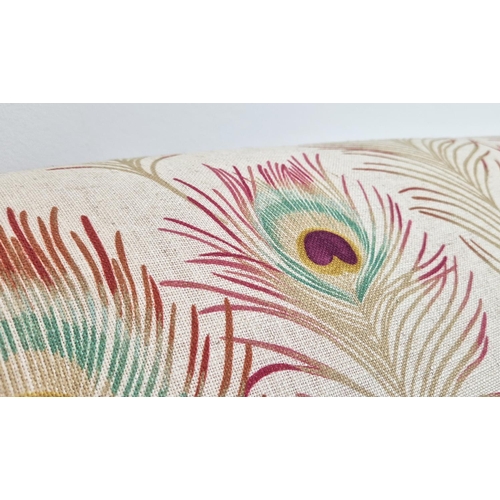 250 - SOFA, grey painted with peacock feather patterned material and magenta velvet, 101cm H x 127cm.