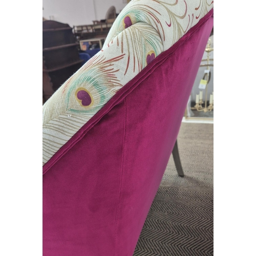 250 - SOFA, grey painted with peacock feather patterned material and magenta velvet, 101cm H x 127cm.