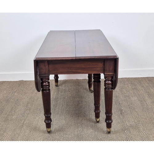 256 - DINING TABLE, William IV mahogany with drop flap top and three extra leaves on brass castors, 73cm H... 