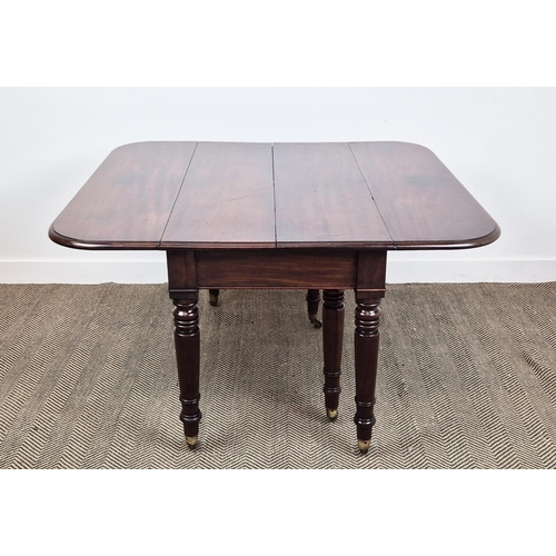 256 - DINING TABLE, William IV mahogany with drop flap top and three extra leaves on brass castors, 73cm H... 