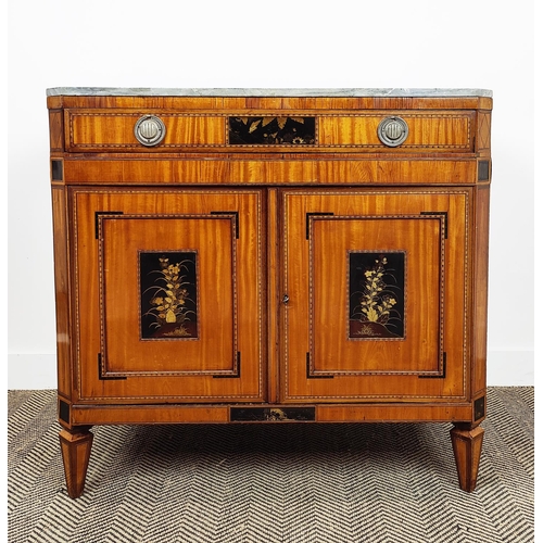 263 - SIDE CABINET, early 19th century Dutch satinwood, ebonised and chinoiserie decorated with drawer abo... 