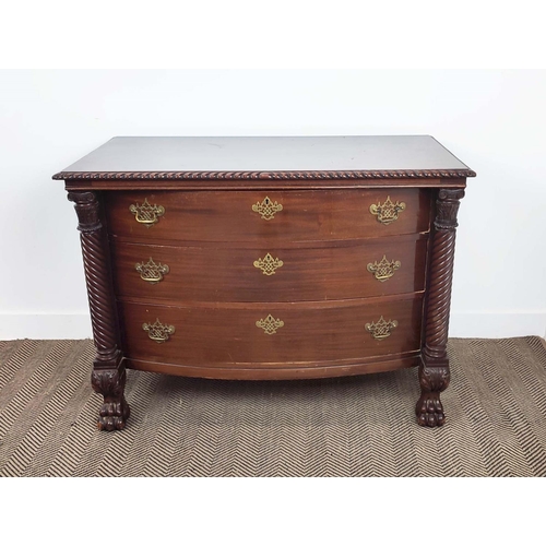 267 - BOWFRONT CHEST, early 20th century American mahogany with divided top drawer above two others betwee... 