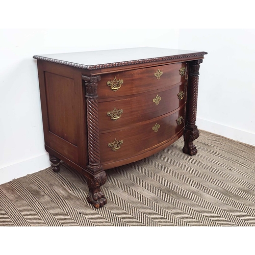 267 - BOWFRONT CHEST, early 20th century American mahogany with divided top drawer above two others betwee... 