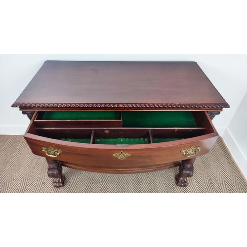 267 - BOWFRONT CHEST, early 20th century American mahogany with divided top drawer above two others betwee... 