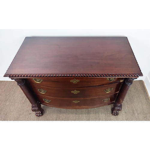 267 - BOWFRONT CHEST, early 20th century American mahogany with divided top drawer above two others betwee... 