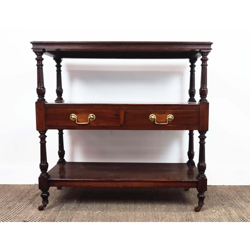 277 - BUFFET, late Victorian walnut of three tiers with two drawers on ceramic castors, 91cm H x 91cm W x ... 