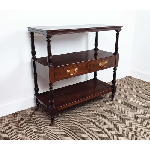 277 - BUFFET, late Victorian walnut of three tiers with two drawers on ceramic castors, 91cm H x 91cm W x ... 