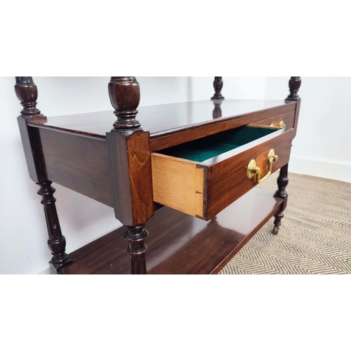 277 - BUFFET, late Victorian walnut of three tiers with two drawers on ceramic castors, 91cm H x 91cm W x ... 