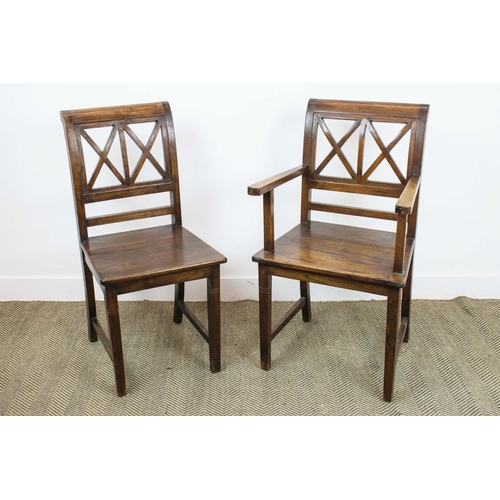 282 - DINING CHAIRS, a set of ten, hardwood including two armchairs 96cm H x 55cm, standard chairs 47cm W.... 