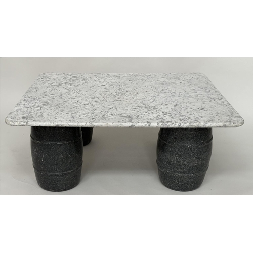 299 - LOW TABLE, variegated Carrara marble top, with four barrel form supports, 87cm D x 105cm W x 40cm H.