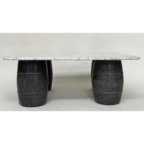 299 - LOW TABLE, variegated Carrara marble top, with four barrel form supports, 87cm D x 105cm W x 40cm H.