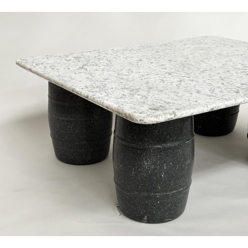 299 - LOW TABLE, variegated Carrara marble top, with four barrel form supports, 87cm D x 105cm W x 40cm H.