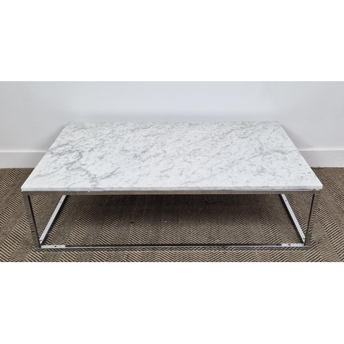 305 - LOW TABLE, white marble top on chrome base, 32cm H x 120cm W x 75cm D.