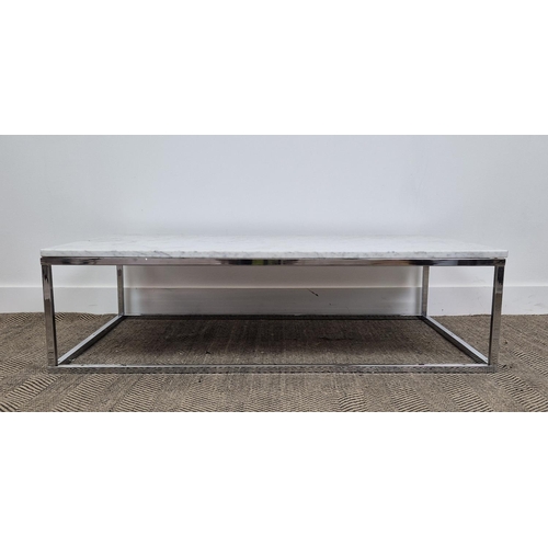 305 - LOW TABLE, white marble top on chrome base, 32cm H x 120cm W x 75cm D.