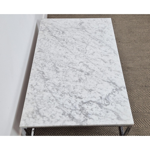 305 - LOW TABLE, white marble top on chrome base, 32cm H x 120cm W x 75cm D.