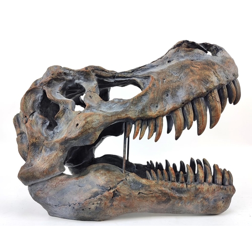 309 - CONTEMPORARY SCHOOL SCULPTURE, of a T Rex skull, painted resin, 38cm H x 52cm L.