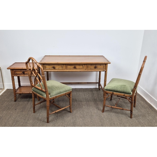 322 - FAUX BAMBOO WRITING TABLE, 76cm H x 120cm x 60cm, together with two matching chairs and a side table... 