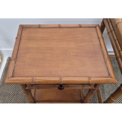 322 - FAUX BAMBOO WRITING TABLE, 76cm H x 120cm x 60cm, together with two matching chairs and a side table... 