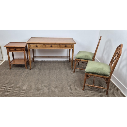 322 - FAUX BAMBOO WRITING TABLE, 76cm H x 120cm x 60cm, together with two matching chairs and a side table... 